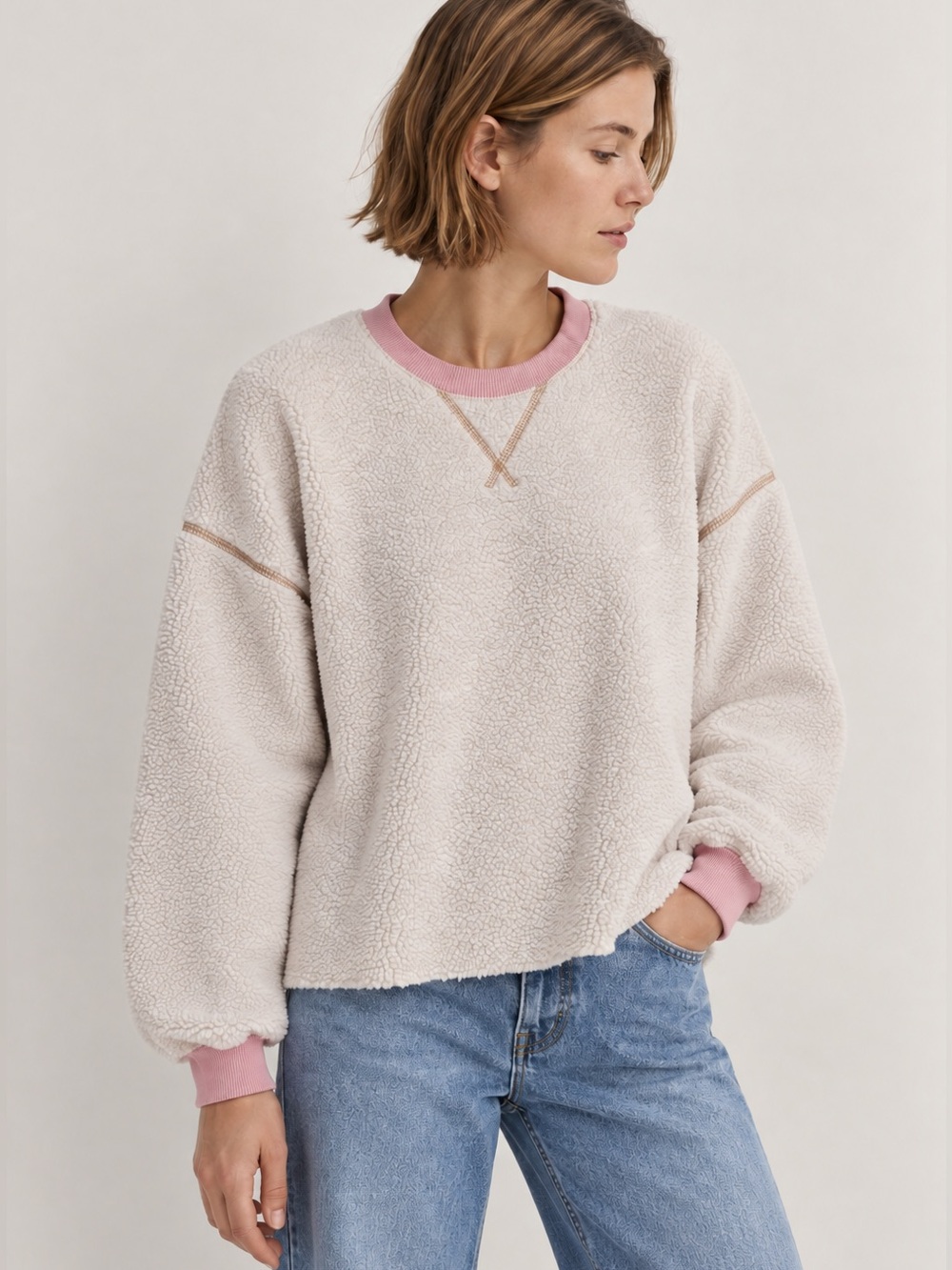 American Eagle Sherpa Fleece Pullover Ivory Pink Trim Size Small